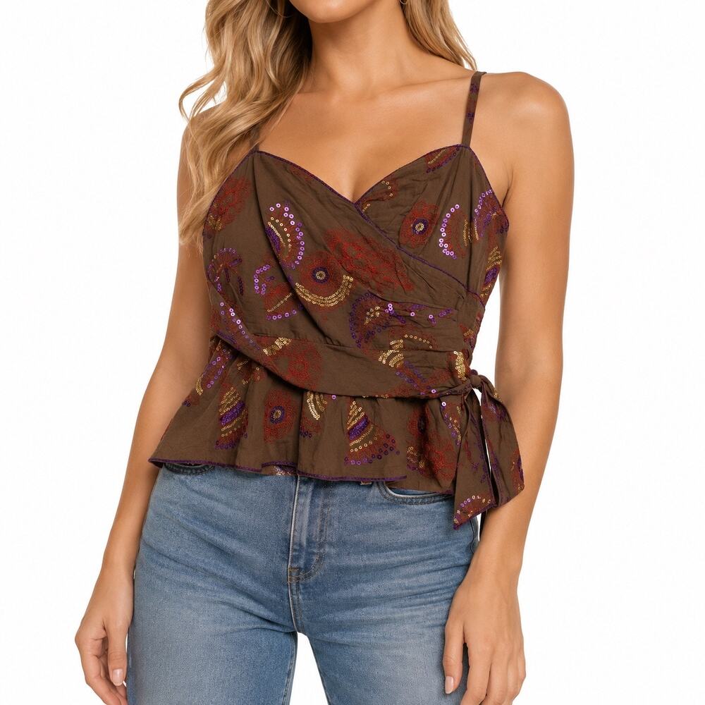 Chelsea & Violet Brown Embroidered Sequin Faux Wrap Peplum Cami Top Sz S
